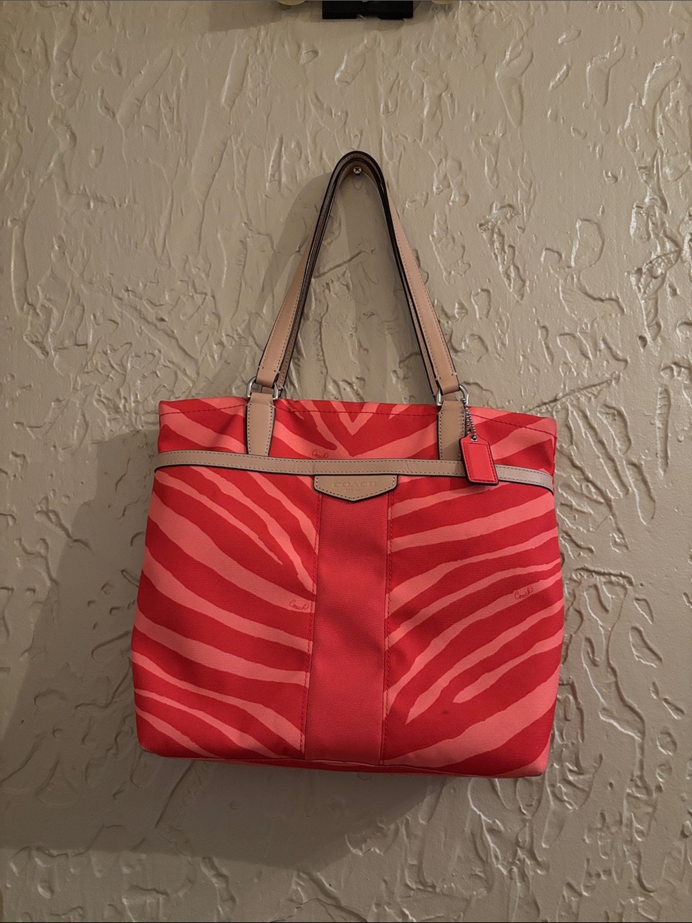 Authentic Y2K COACH Signature Zebra Print Canvas Tote Bag Hot Orange & Coral